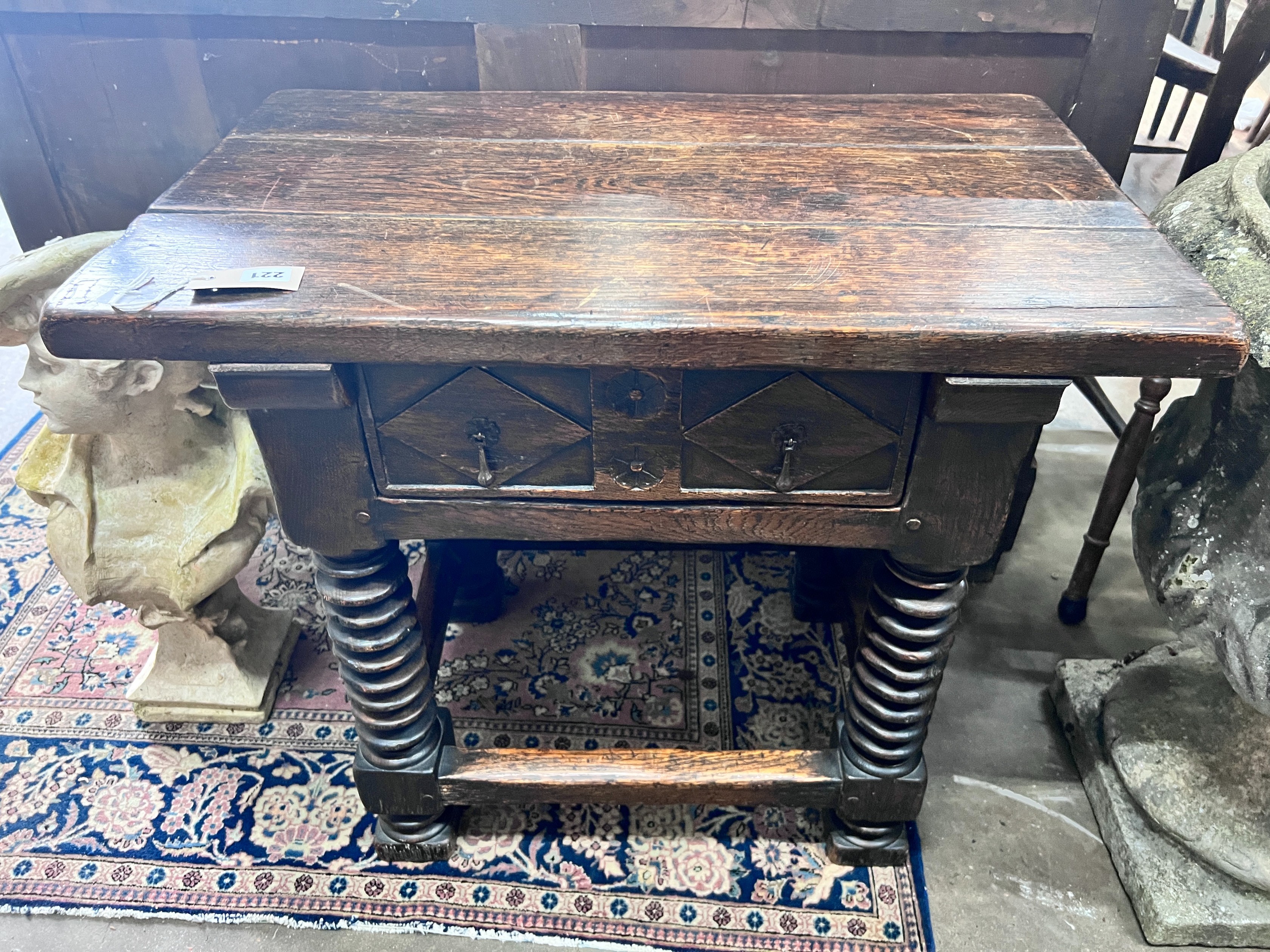 A 17th century style oak side table, width 76cm, height 66cm *Please note the sale commences at 9am.